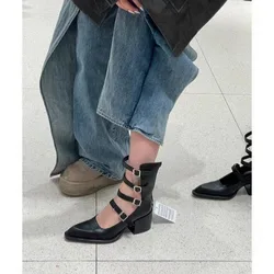 Women's Mid-calf Boots Fall New Sharp Head Shallow Mouth Belt Buckle Thick Heel Summer Vintage Hollow Single Shoes