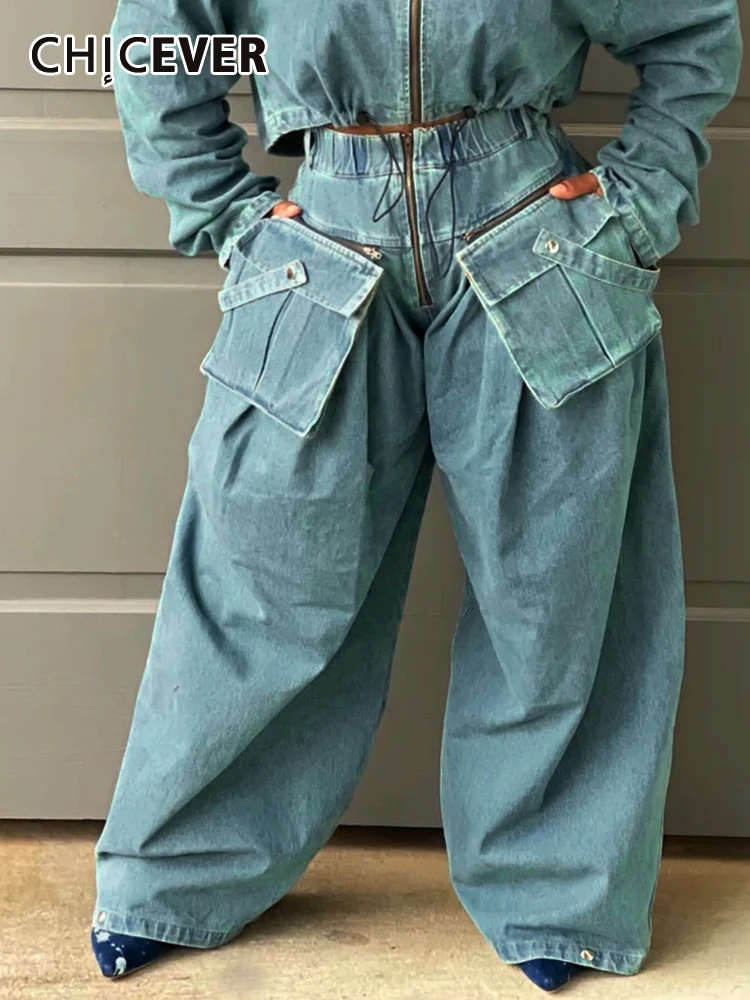 CHICEVER Casual Loose Spliced Pockets Denim Cargo Pants For Women High Waist Patchwork Zipper Streetwear Chic Trousers Female