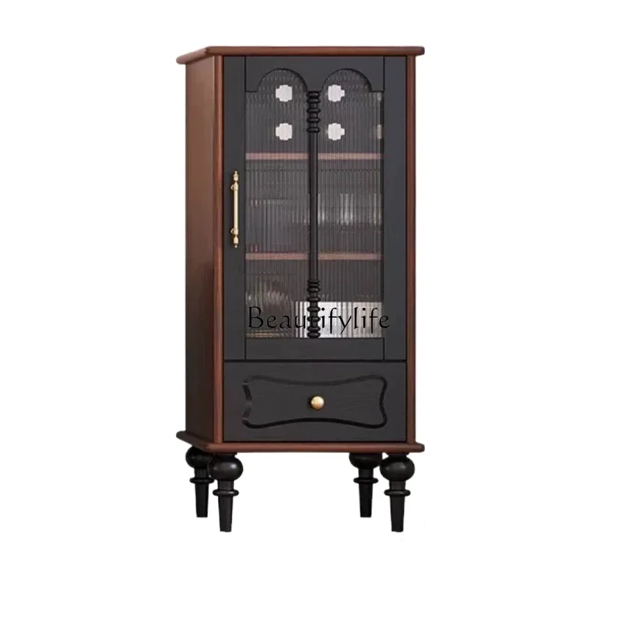 

03lFrench Entry Lux Simple Floor Wall Glass American Retro Solid Wood Small Wine Cabinet
