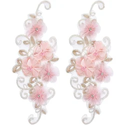 1Piece 3D Pink Flower Lace Applique with Rhinestone Patche Floral Embroidered Appliques Repair