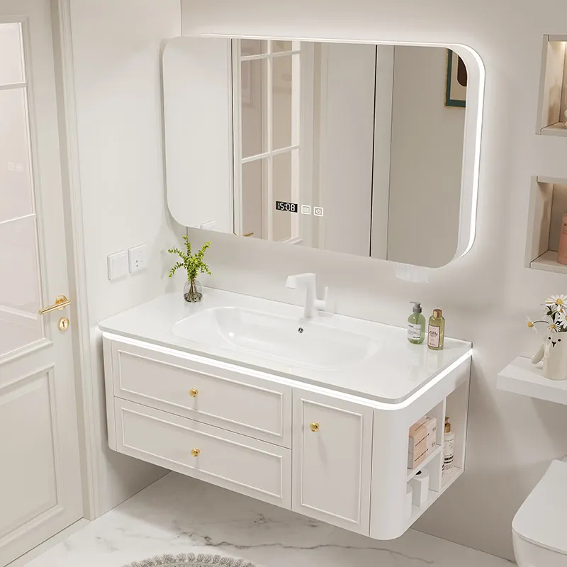 

Oak bathroom cabinet, rounded ceramic integrated basin, washbasin, toilet, hand washbasin cabinet