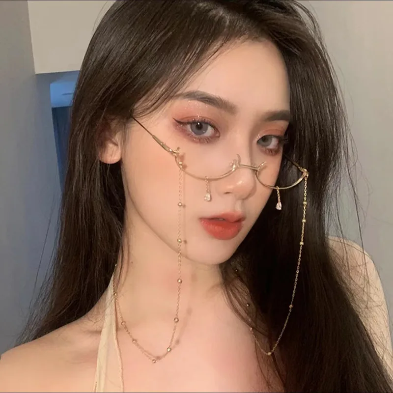 

Retro Half Frame Glasses Fashion Water Drop Chain Pendant Decoration Eyeglasses Frame No Lens Men Women Eyeglasses Face Decor