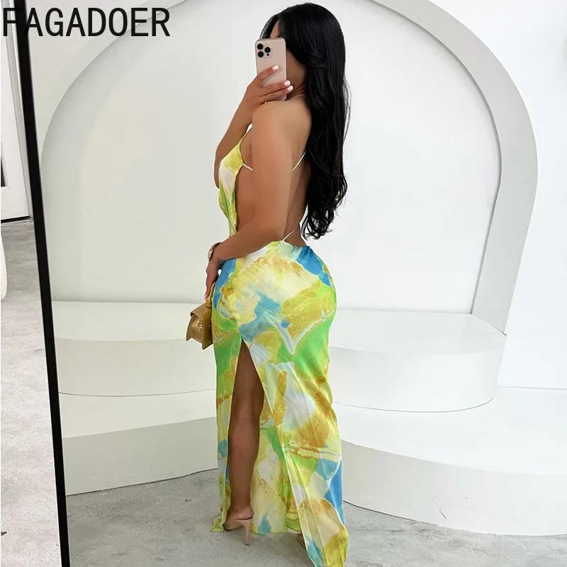 FAGADOER Y2K Sexy multicolore impression robe moulante femmes Spaghetti sangle sans manches dos nu robes femme discothèque robes
