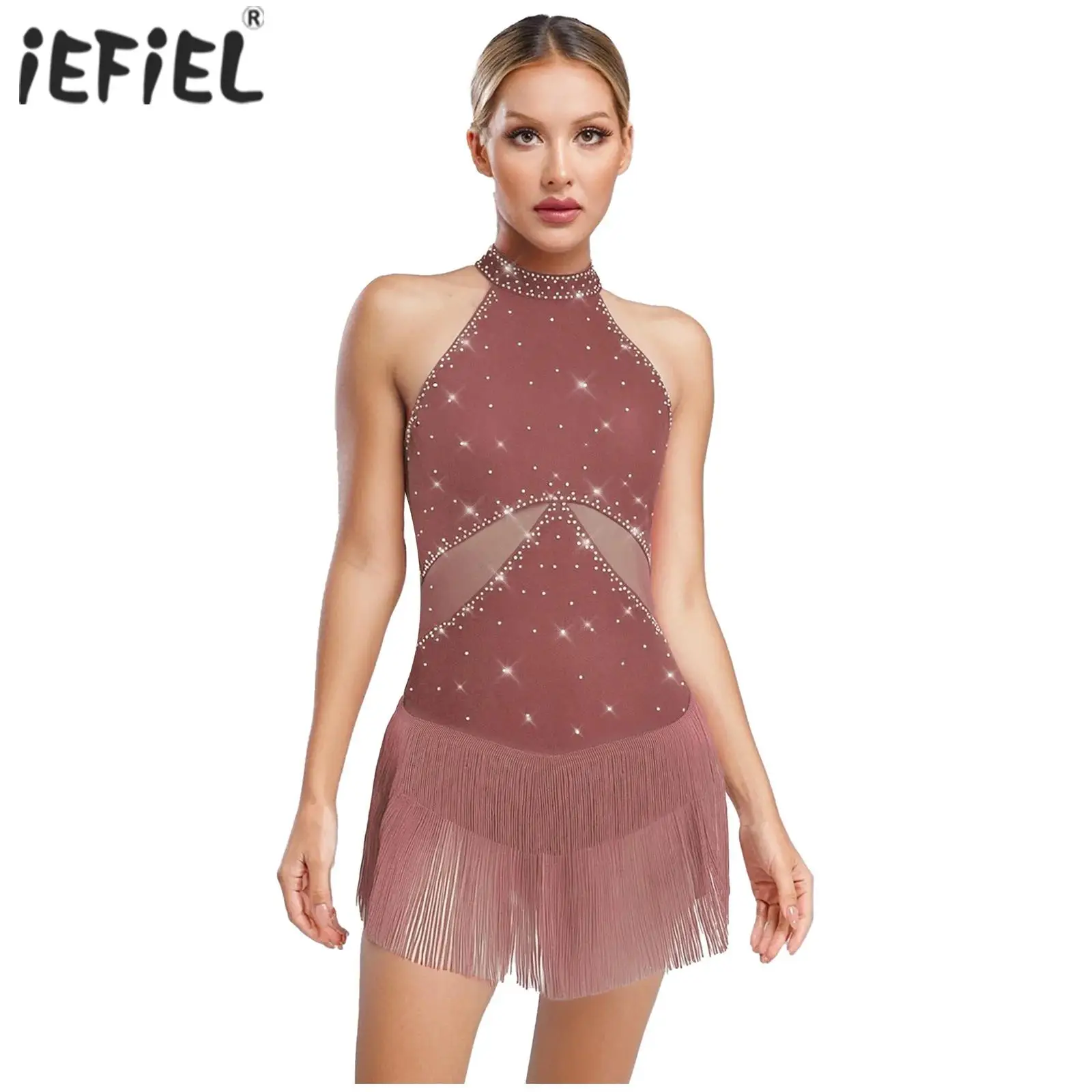 

Женское гимнастическое платье для фигурного катания, латинская чача, балетный танцевальный костюм, купальник, блестящий боди со стразами и кисточками