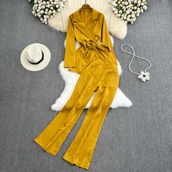 Elegant Loungewear Women Two Piece Sets Satin Sleepwear Loose Long Sleeve Tops Flare Pants Pajamas for Women Outfits Sweatsuit