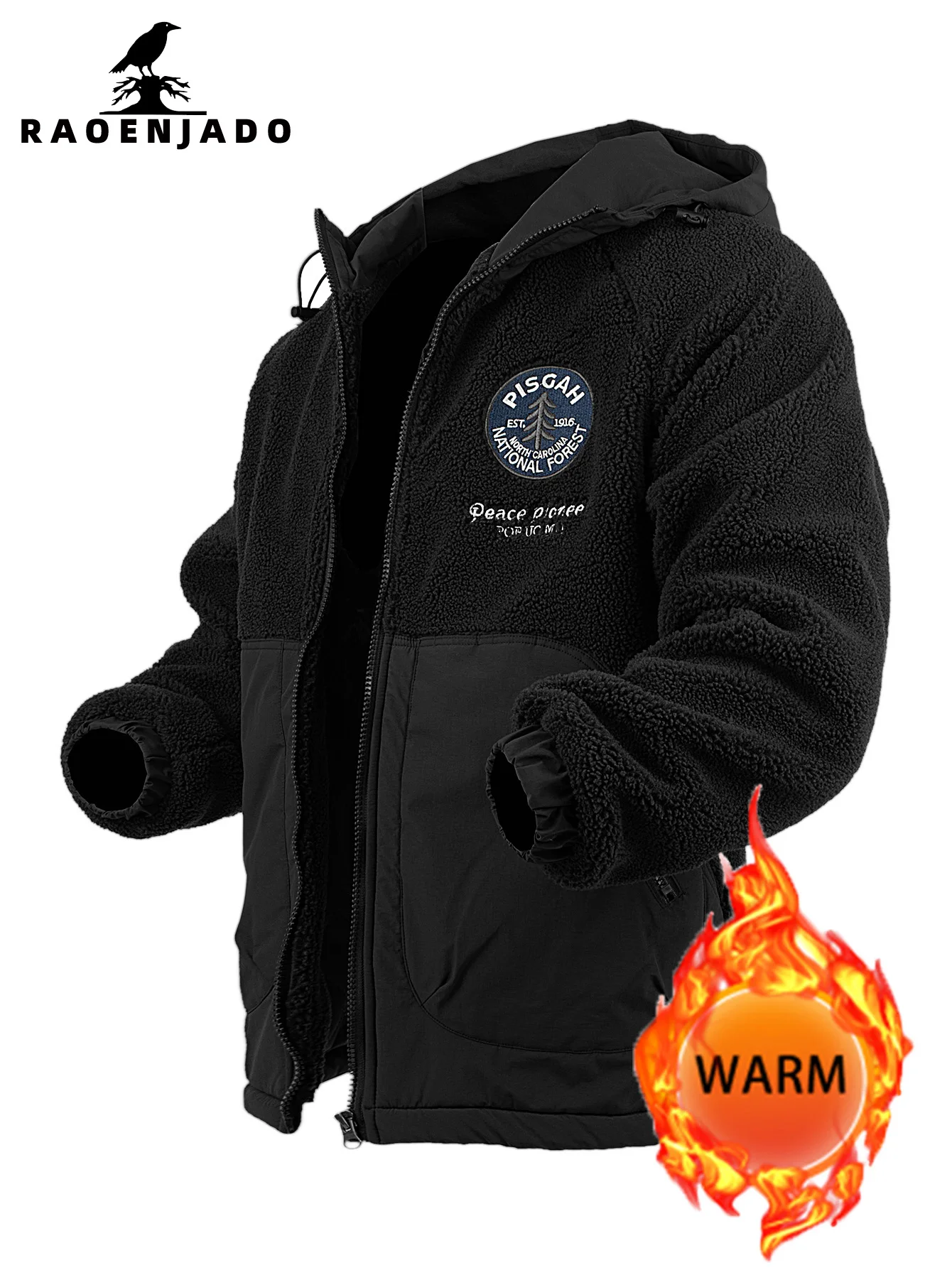 

Men's Fleece Hooded Zip Soft Jacket Thickened Warm Autumn&Winter Stretch Cuff Pockets Outerwear Patchwork Embroidery Casual Coat