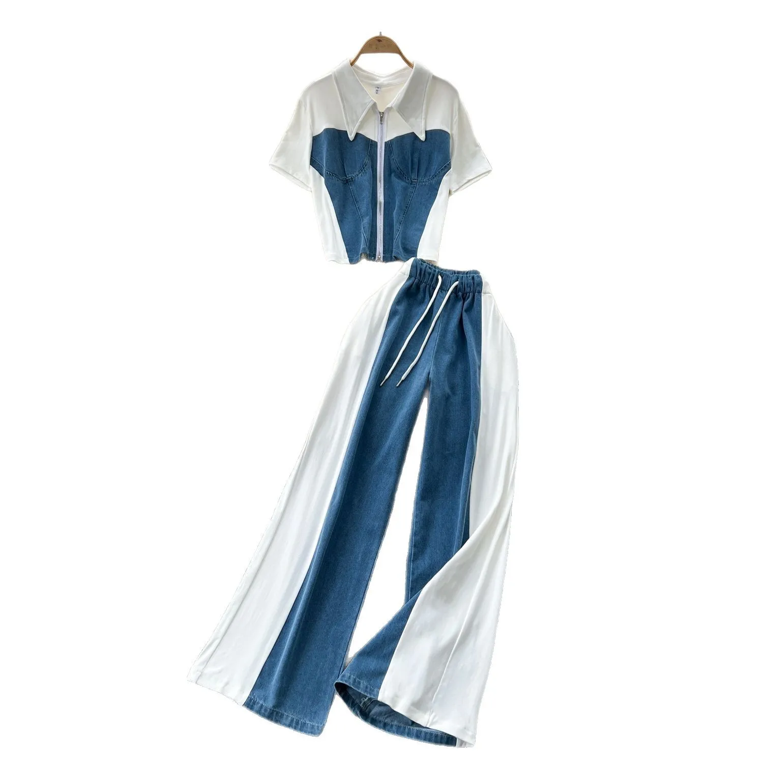 여성 여름 캐주얼 레트로 라펠 페이크 투피스 반팔 상의 & 하이웨이스트 스플라이스 데님 와이드 팬츠 슈트