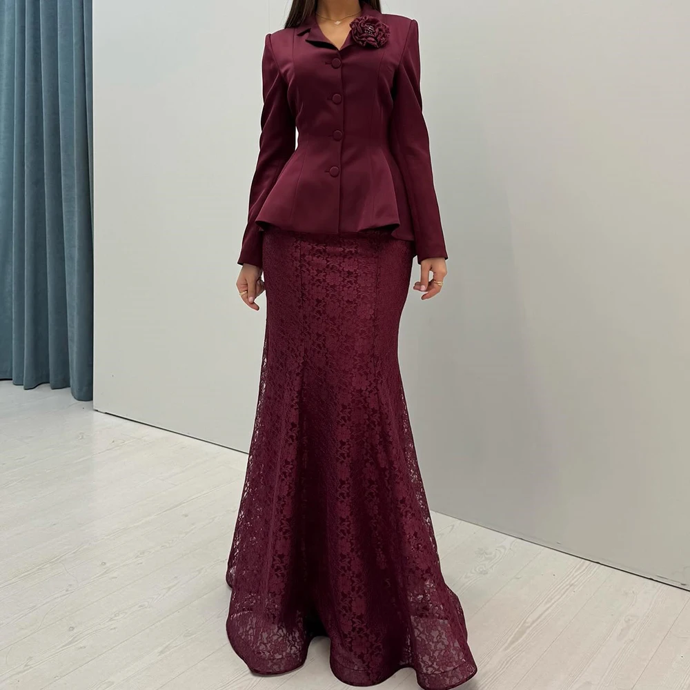 

Customized A-line Evening Dresses Floor-length V-neck Full Sleeve Prom Gown Fashion Flowers Button Simple Lace Draped Party Gown