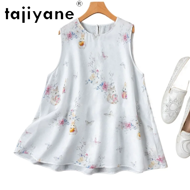 TAJIYANE 100% Mulberry Silk Women's Tanks Rabbit Print A-Line Vest Fashion Loose Sleeveless Summer Tops for Woman Clothing 2026