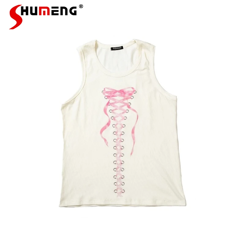 

Trendy Strap Bow Print Retro Sexy Boys Cute Original Stretch Vests Male Stylish Color Matching Tops Fashion Sleeveless Tank Tops