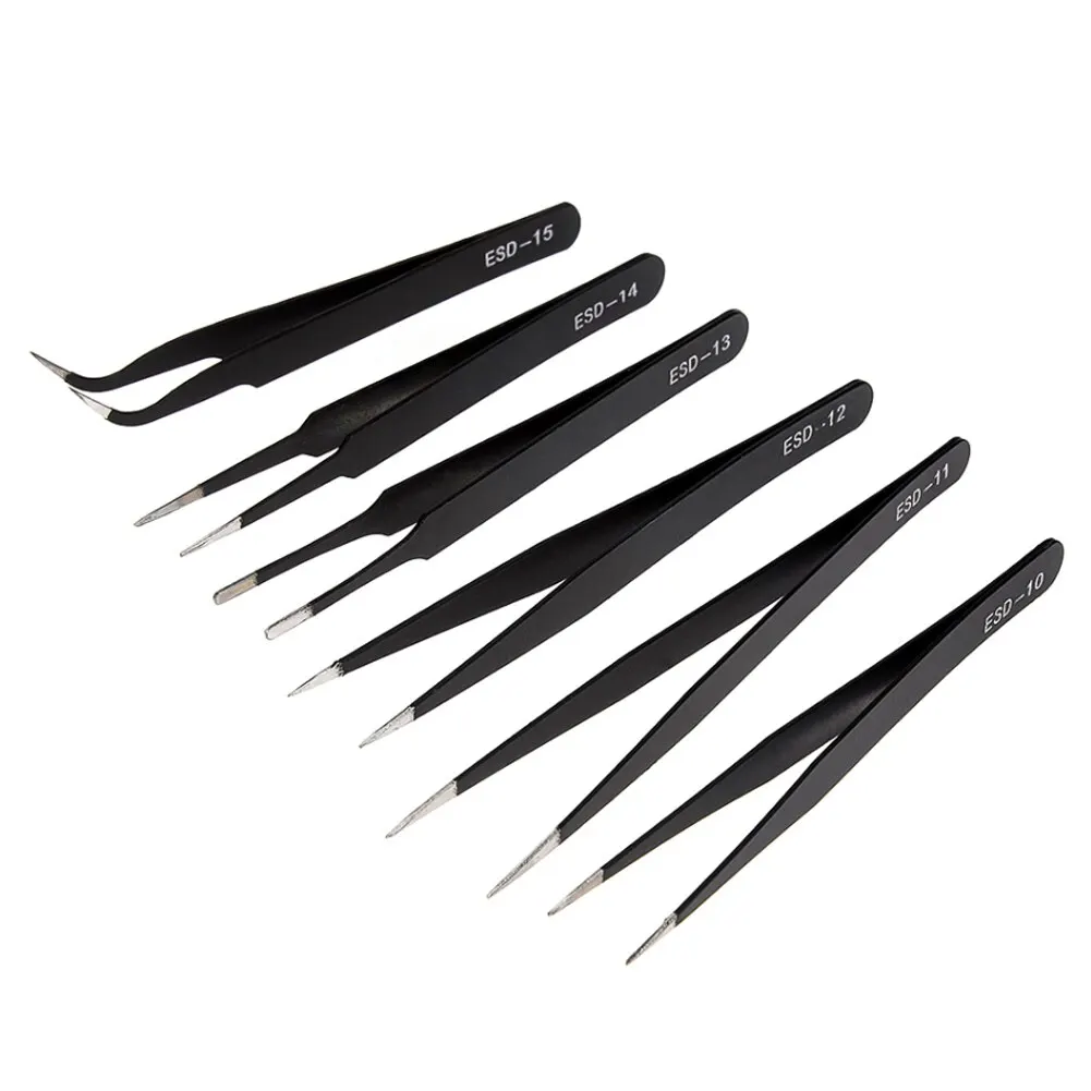 Antistatic Stainless Steel Tweezers 6 PCS Precision Maintenance Industrial Repair Curved Tool Home Work Model Making Hand Tools