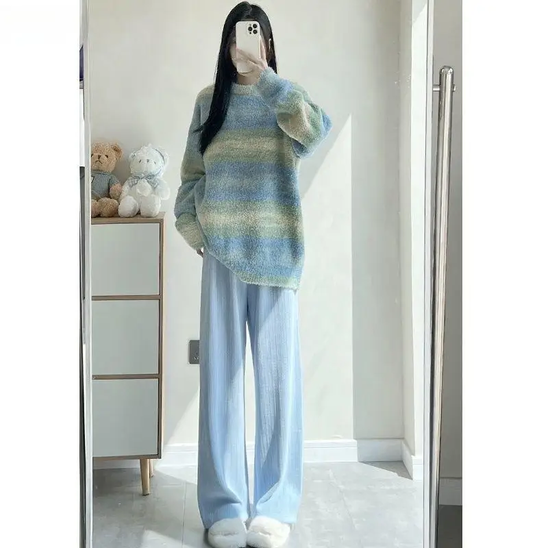 بنطال ذو قصة أرجل واسعة امرأة عادية المرأة الخريف محبوك عمودي مضلع Trackpants الحد الأدنى الكبار استرخاء الراحة الحضرية مصممة Ins #4