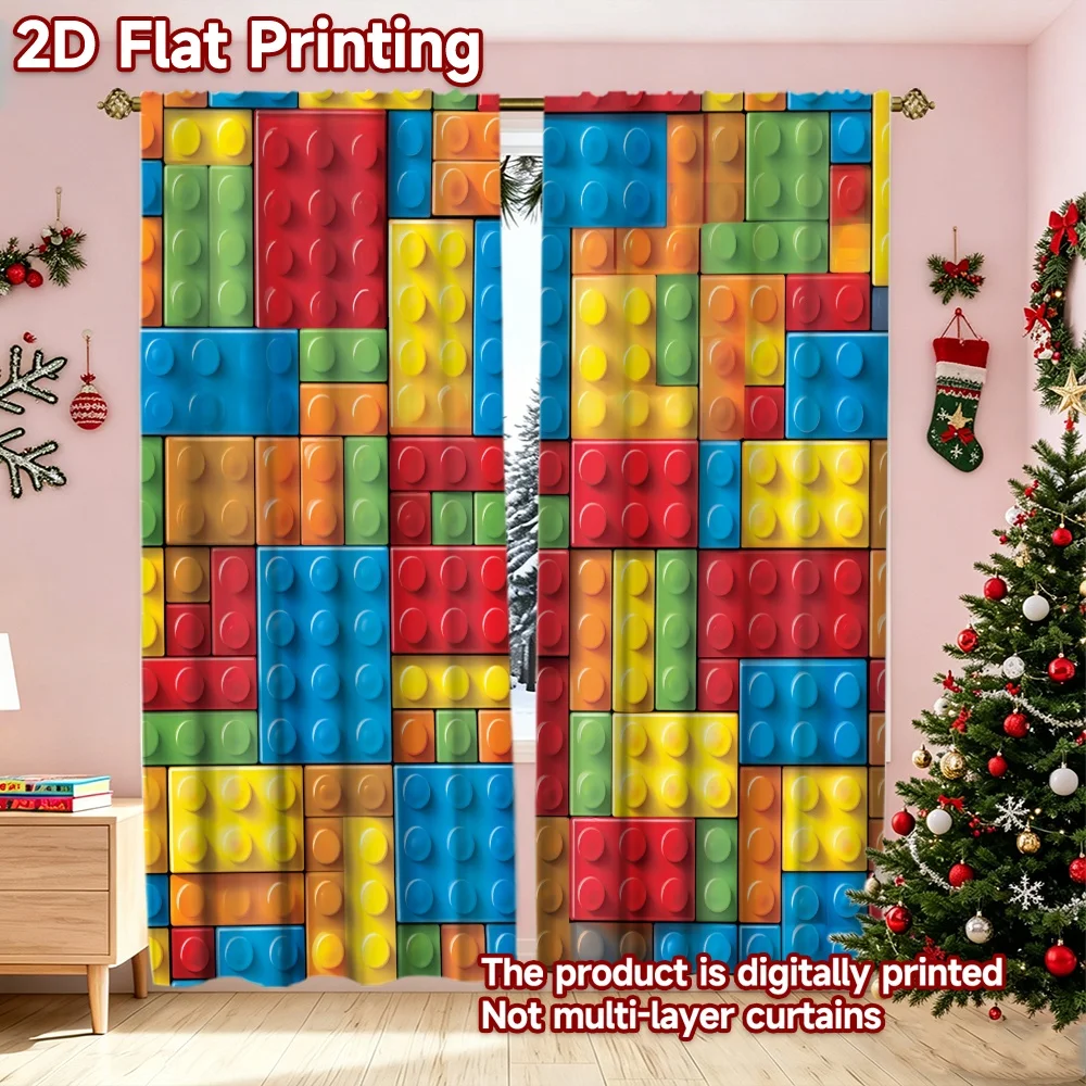 2D flat printing 2pcs Popular Christmas Curtains Colorful Interlocking Blocks Digitally printed polyester, colorfast Festive