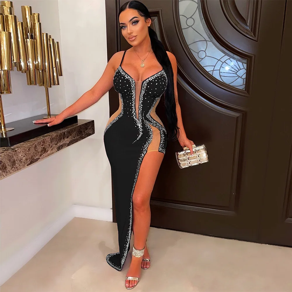 Sexy Perspective Hot Drill Dress Y Cut Out Sleeveless Mesh Maxi Dress Female High Split Party Dress Summer