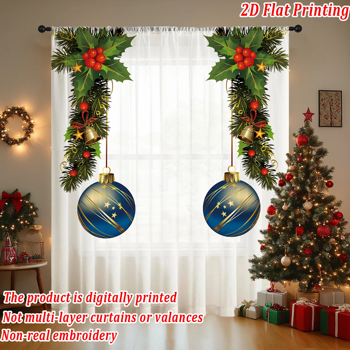 ستارة شفافة مطبوعة مسطحة لعيد الميلاد مع جرس فرع الصنوبر الهدال لعيد الميلاد لغرفة المعيشة وغرفة النوم وحفلات العطلات