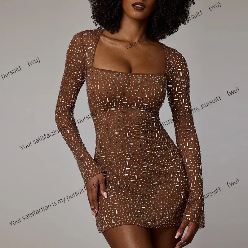 ZOCI-Gaun seksi gaya wanita, potongan ramping, kerah persegi, lengan panjang, kain jala berlian, sedikit longgar.