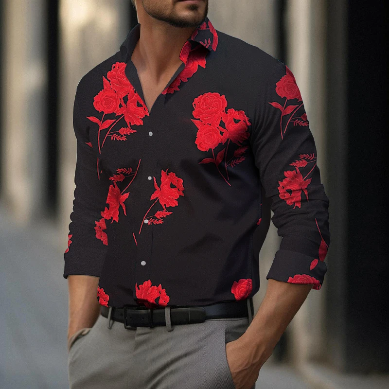 

2025 New Men's Gold Shirt 3D Rose Print Slim Fit Button-Down Party Dress Shirt Athleisure Fashion Comfortable Long Sleeve