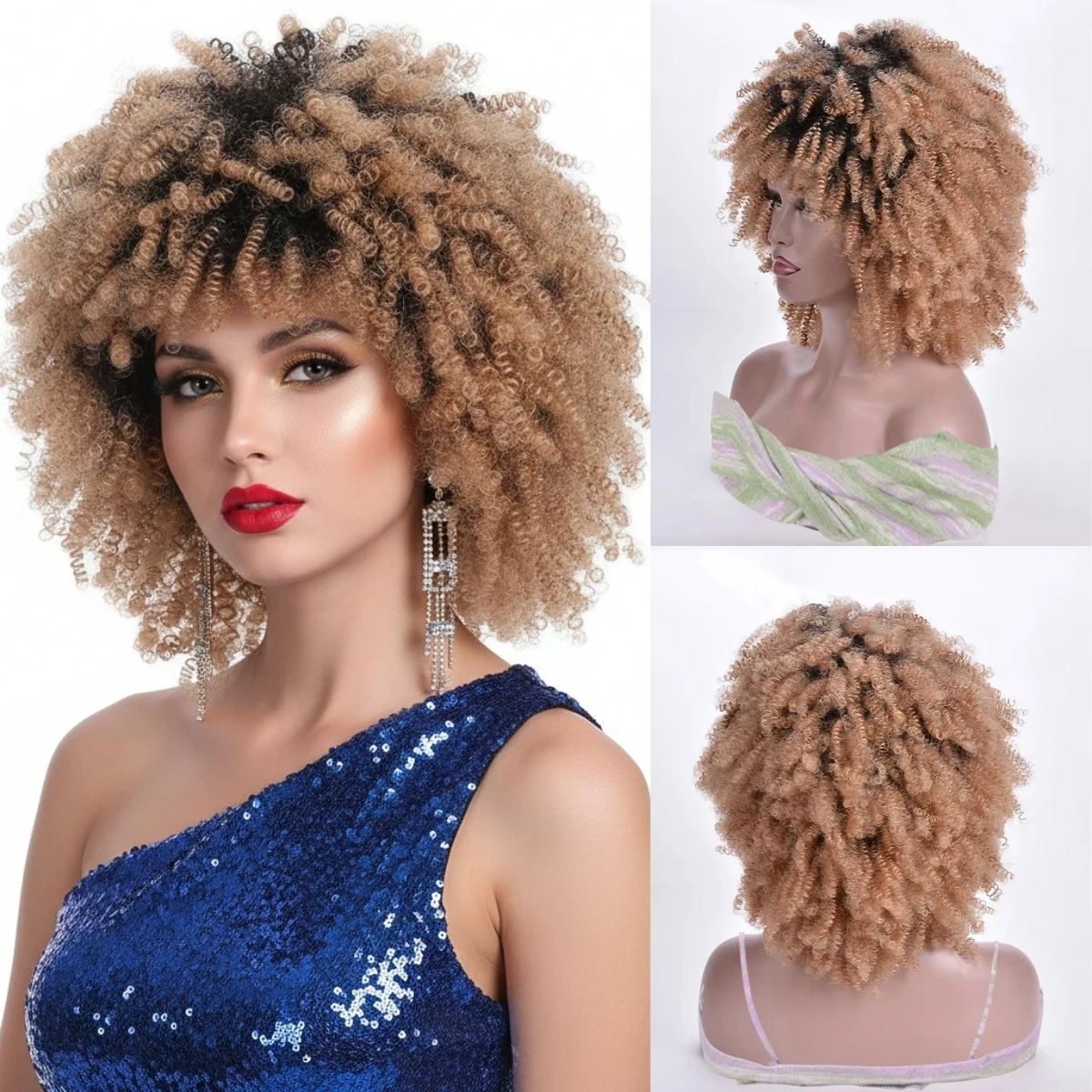 Short Afro Curly Wigs Synthetic Ombre Blonde Wig for Women African American Heat Resistant