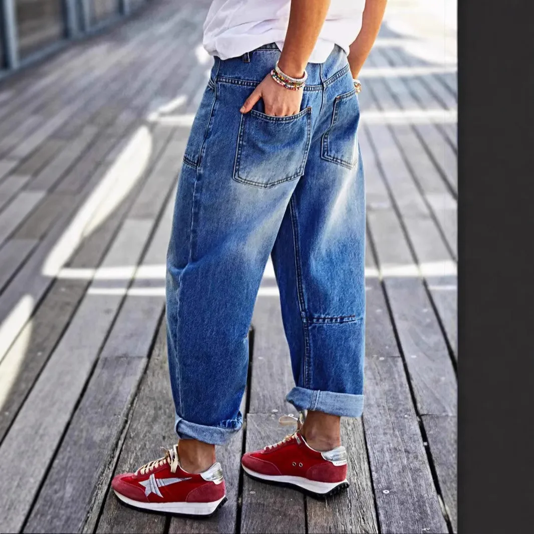 Y2k Jeans For Woman Baggy Women's Denim Pants Wide Leg Cropped Mid Waist Denim Jeans Light Wash Distressed Blue Jeans Pants