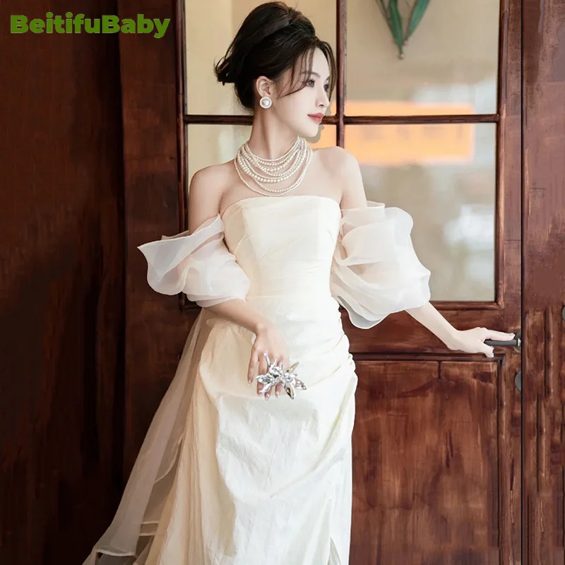 BeitifuBaby French Style Bride's Wedding Dress for Women Party Fashion Strapless Lace Sleeveless Formal Dresses Bride Dresses