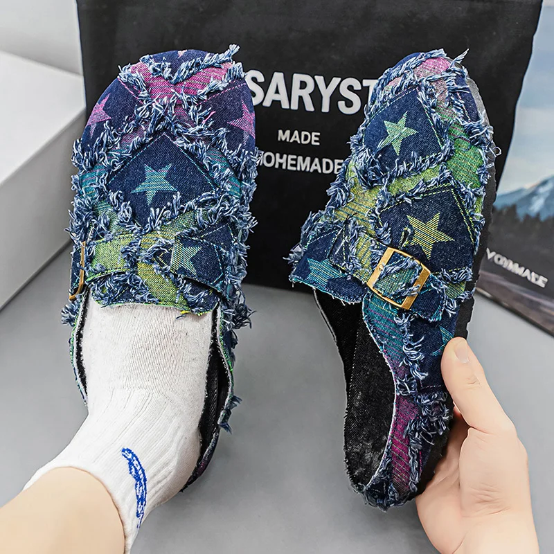 Star Faux Denim Fringed Fashion Slides for Men, Vintage Distressed Half-Slippers, Flat Casual Outdoor Shoes