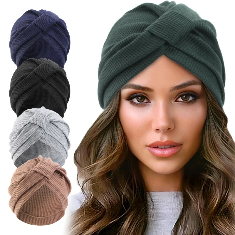 Women's Cotton Waffle Headscarf Hat Breathable Thick Square Ethnic Indian Style Scarf Cap for All Seasons