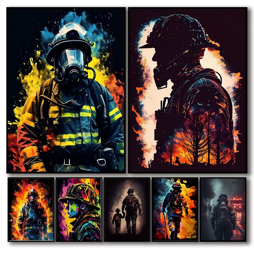 Colorful Firefighter Fire Poster Aesthetic Firemen Silhouette for Life Image Quotes Canvas Print Wall Art Home Office Room Decor