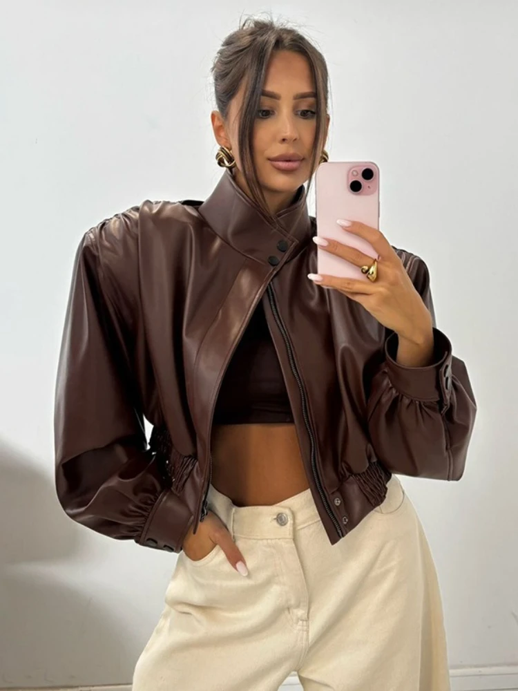 

FDYOUI 2025 осень-зима пальто из искусственной кожи уличная женская короткая куртка с воротником-стойкой и длинными рукавами женская однотонная верхняя одежда на молнии