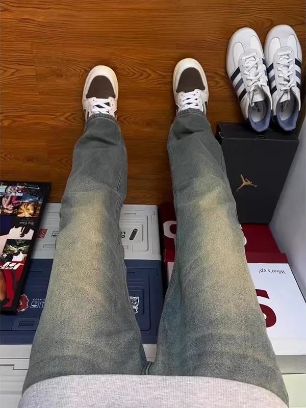 

Джинсы с синей талией в стиле ретро, облегающие джинсы adient, мужские прямые длинные брюки в американском стиле High Street, повседневные джинсы