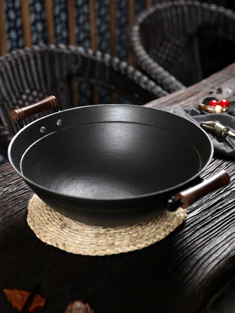 Durável não vara frigideira madeira tradicional caldeirão ferro fundido wok panela quente cozinhar sarten antiaderentes utensílios de cozinha