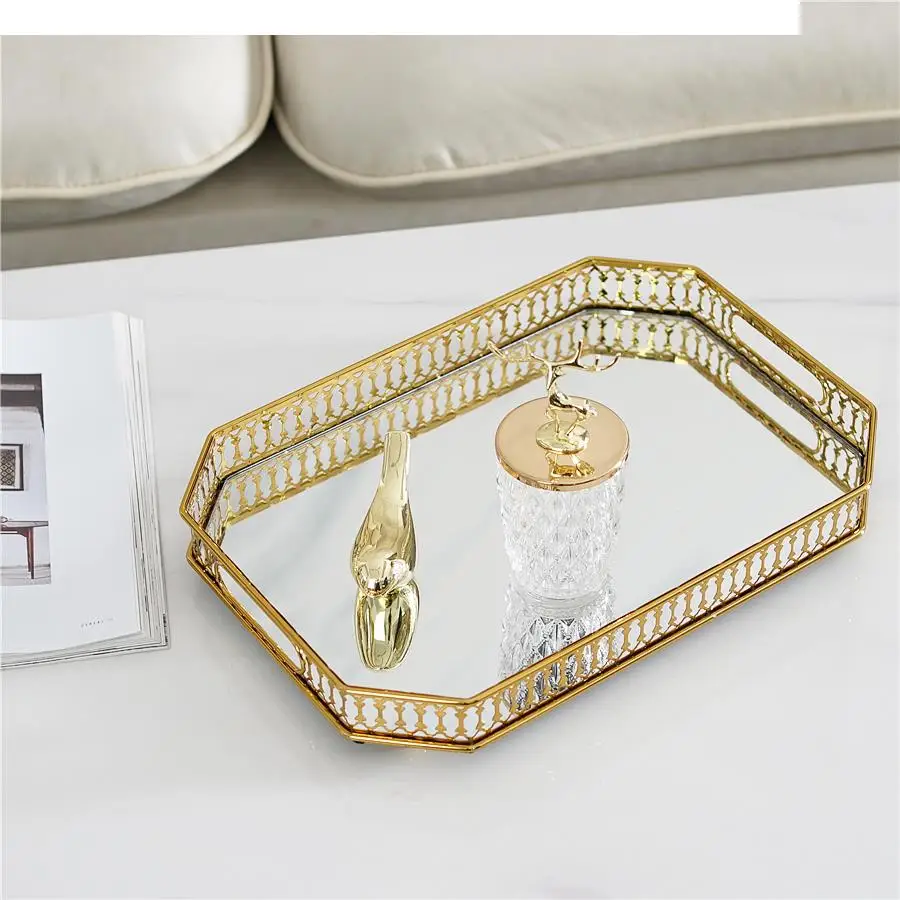 

Hollow Metal Glass Mirror Tray Storage Decorative Trays Shooting Props Jewelry Organizer Tea Dessert Plate Cake