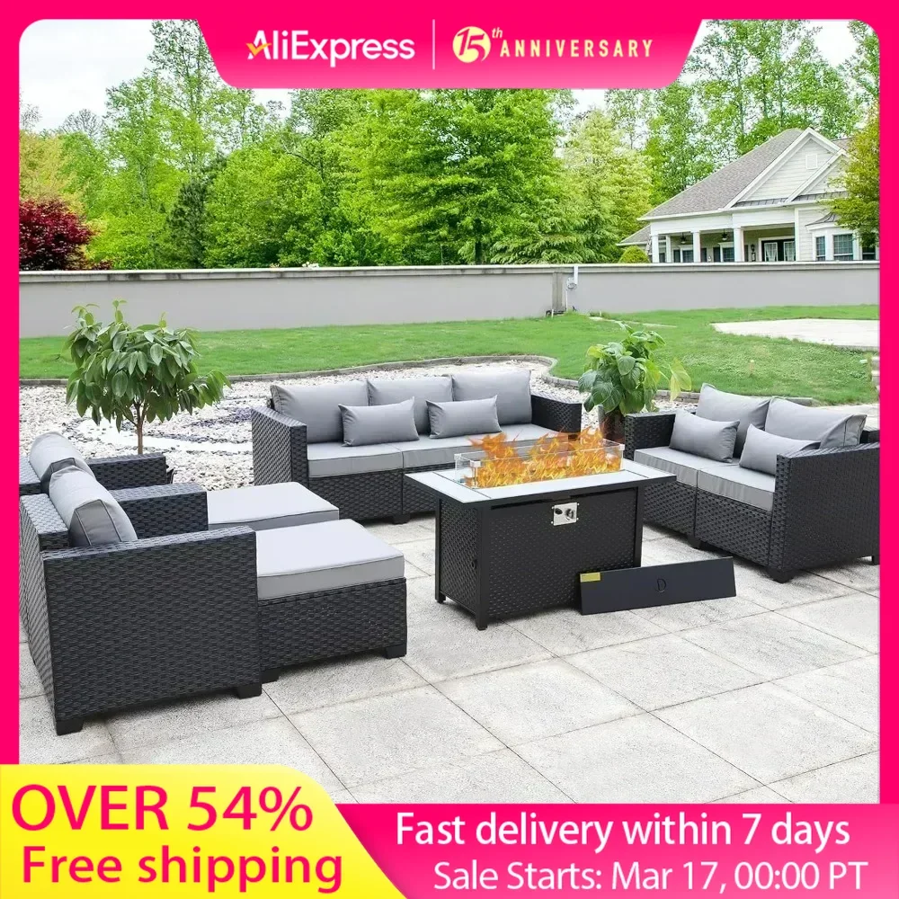 7 Piece Outdoor Furniture Set, Non-Slip Cushions & Waterproof Cover, 45 Inch Outdoor Propane Fire Pit Table Patio Furniture