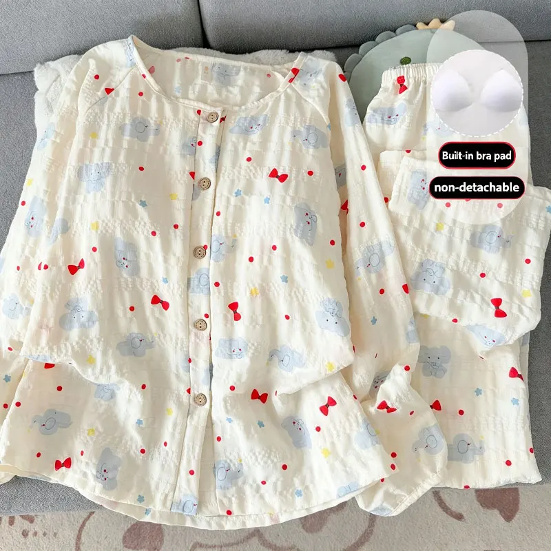 Women Spring Autumn Long Sleeve Pajama Set Built in Bra Cartoon Waffle Loungewear Sleepwear Home Outfit Pijama Almohadilla