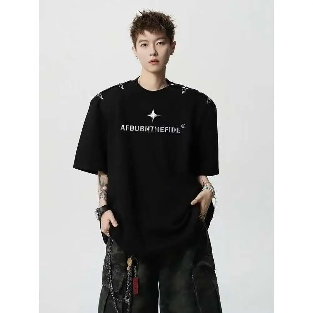 Loose Fit American Style Plane Buckle Design Short Sleeve T-Shirt Unisex Summer Trendy Brand Lightweight Bulkiness Body Fit