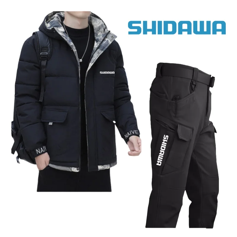 

New Mens Winter Warm Fishing Clothes Sets Brand Outdoor Casual Windproof Hooded Climbing Jacket + Waterproof Tactical Pants Suit