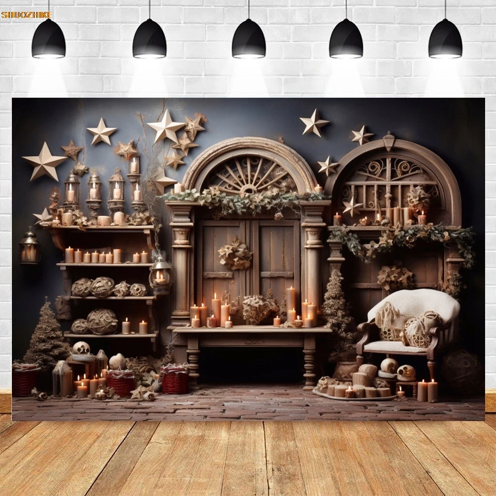 Kerstboom Foto Achtergrond Open haard Krans Houten Deur Cadeau Sneeuwvlok Fotografie Achtergrond Familievakantie Feest Fotostudio