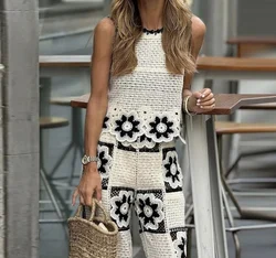 Autumn New Women's European And American Style Crocheted Sleeveless Tops Contrasting Color Knitted Wide-Leg Pants Fashion Suit