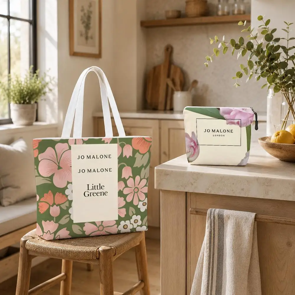 Luxury Fragrance J-Jo Malone Storage Bags 2-Piece Canvas Tote Bag Set Double-Sided Print with Zipper Pouch Travel Gift for Women