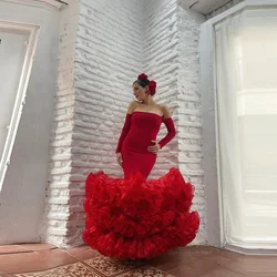 Charm Strapless Strapless Mermaid Prom Dress Women Custom Made Puffy Tiered Pleated Ruffled Tulle Bottom Spanish Bridal Gowns