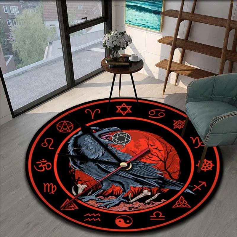 Night Bird Crow Mystery Clock Pattern Round Area Rugs for Living Room Bedroom Doormat Kids Carpet Soft Non-slip Game Round Rugs