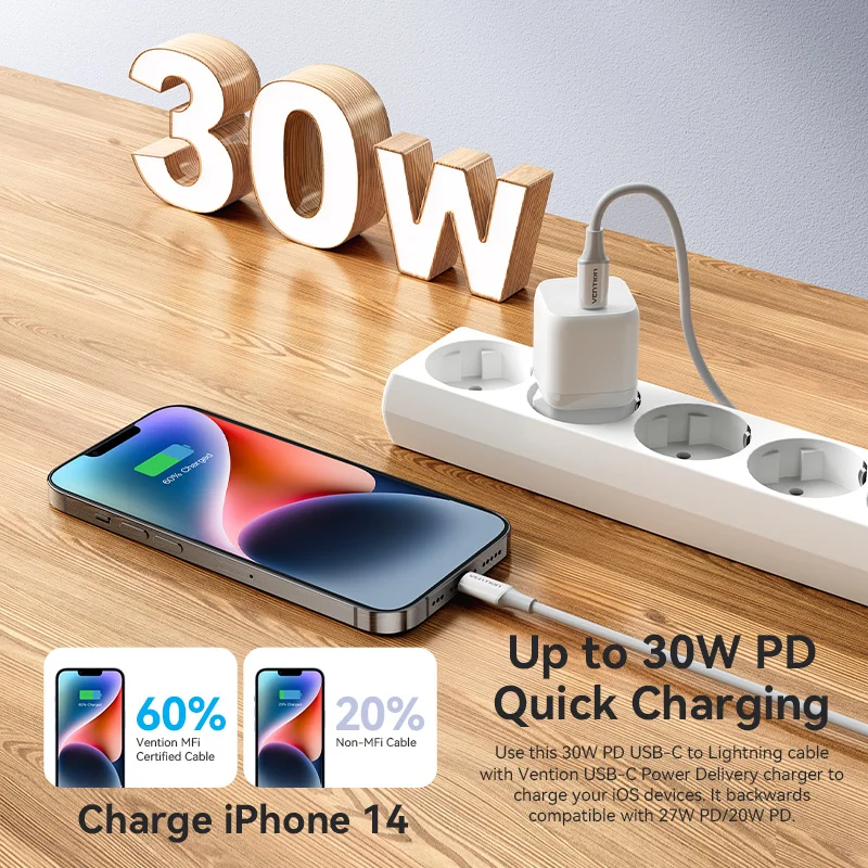 Vention MFi 30W PD USB C to Lightning Cable for iPhone 14 13 12 11 Pro Max MFi Certified Charging Cable for AirPods Pro iPad XS