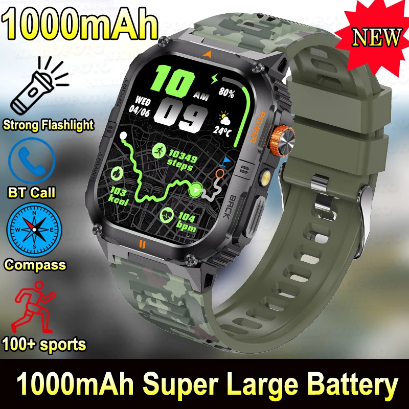 

Men Sports Smartwatch 1000mAh Large Battery Strong Flashlight Outdoor Compass Wrist Watches BT Call Multi-function Smart Watch