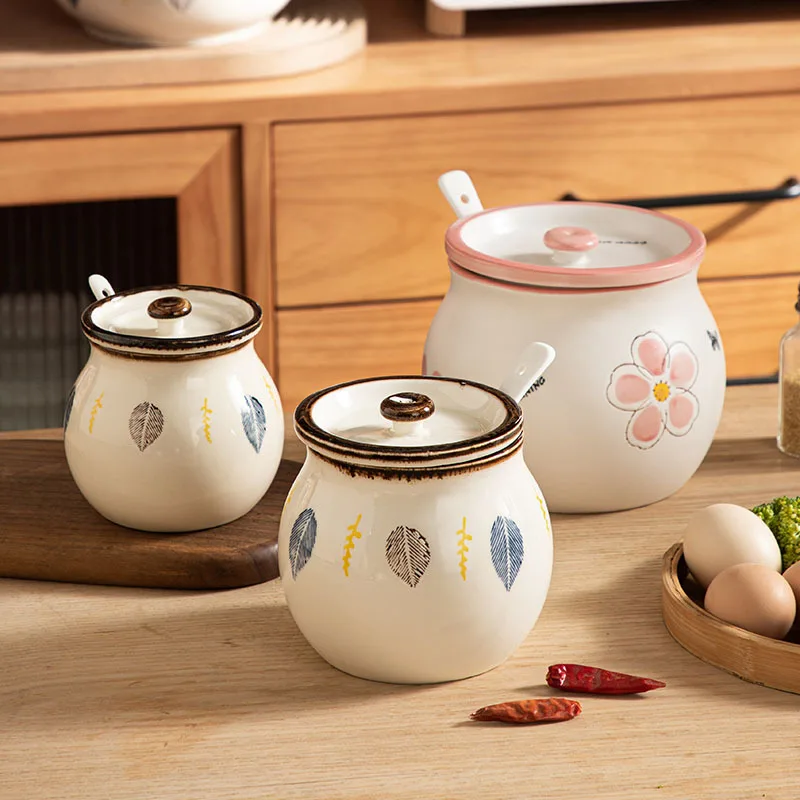 Household Lard Tank with Lid and Spoon High Temperature Resistant Ceramic Japanese-style Storage Ceramic Seasoning Tank
