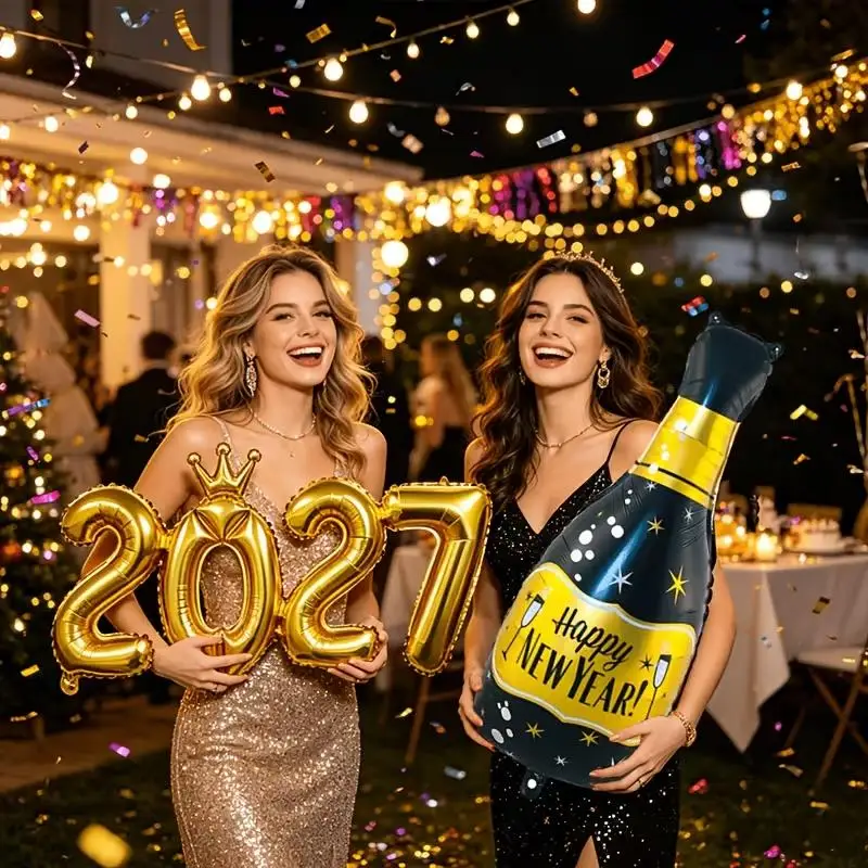 2027er Aluminiumfolienballon und schwarze goldene Flaschen-Globos für ein frohes neues Jahr – Neujahrs- und Weihnachtsdeko-Zubehör
