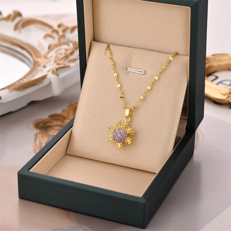 Unique Titanium Steel Necklace with Rotating Snowflake Pendant Collarbone Chain with Sparkling Zircon Stone for Women