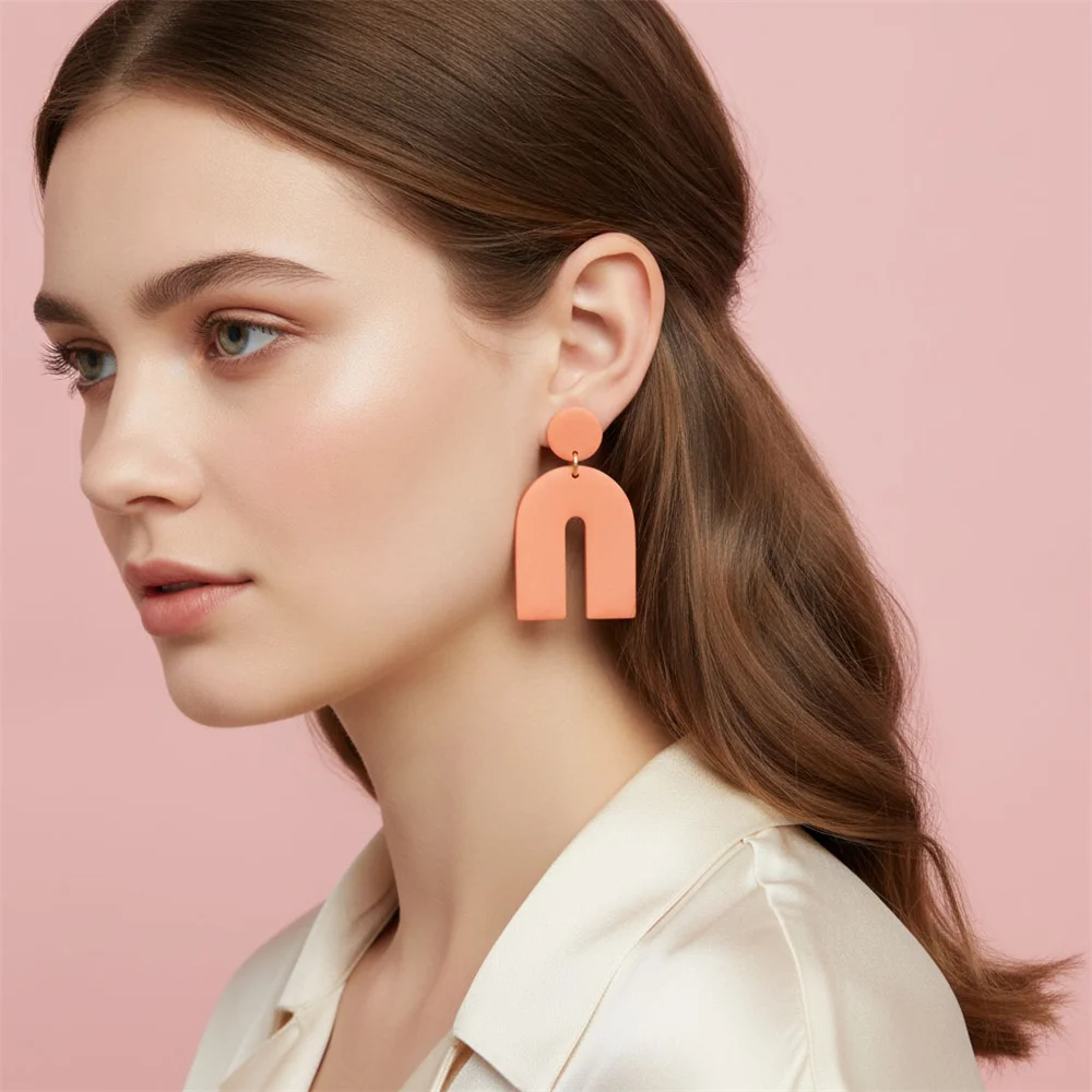 Women Geometric U Shape Acrylic Drop Earrings Matte Arch Statement Dangle Stud Earrings Colorful Lightweight Large Boho Earrings