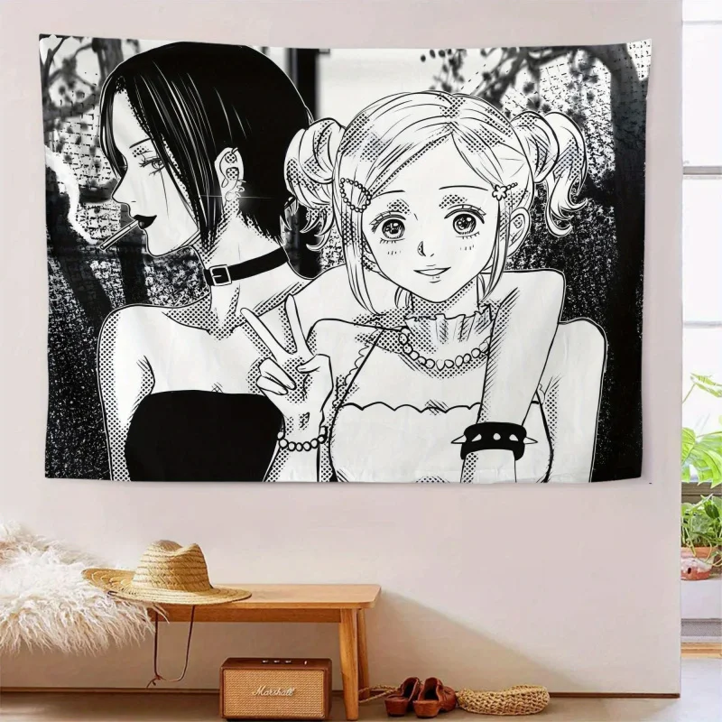 VIKAMA schwarz-weißer Wandteppich im Cartoon-Stil, NANA, Anime-Dekoration, Wandtuch, Wohnzimmer-Dekoration