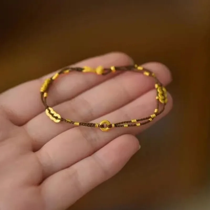 

Gold Peace Button Ruyi Multi Coin Braided Cord Bracelet Milky Coffee Money String Zodiac Year Adjustable Anklet Handmade Jewelry