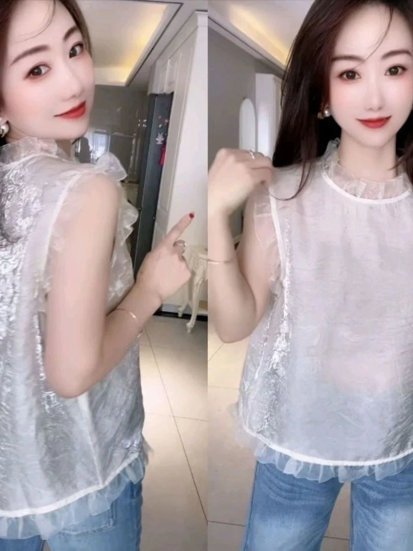 

Summer 2025 New Sle Women's Blouse Lace Trim Svel Loose Fit Versatile Top Agel Ele Slimming Effect