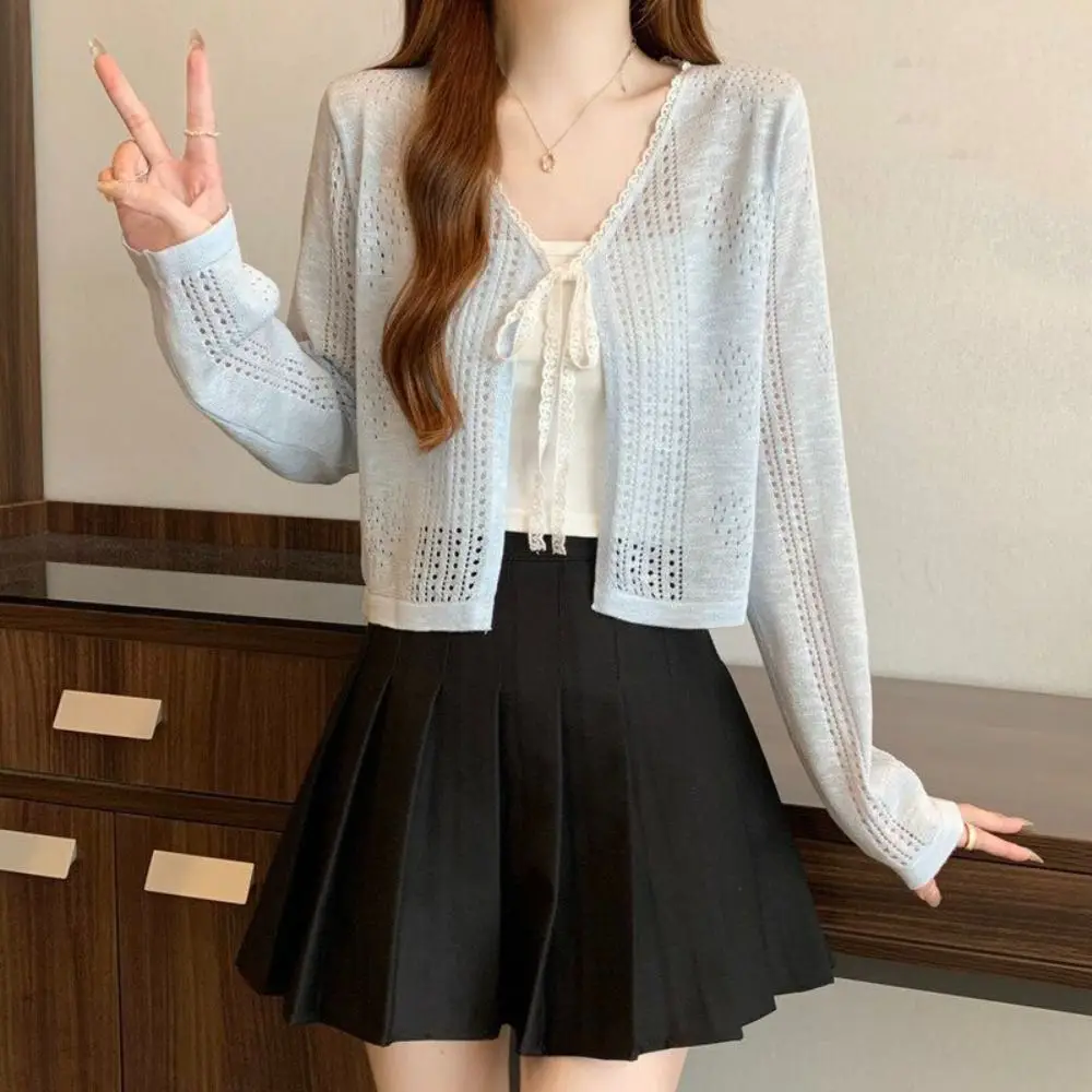 New Hollow Out Knitted Cardigan V-Neck Long Sleeve Sun-Proof Tops Thin Casual Short Sleeve Shawl Summer